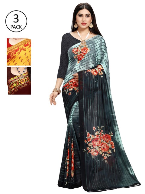 

KALINI Yellow & Brown Floral Pack of 3 Saree