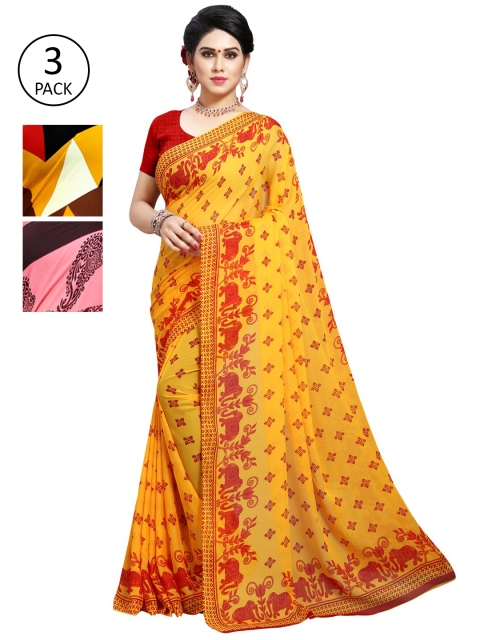 

KALINI Pack of 3 Poly Georgette Sarees, Yellow