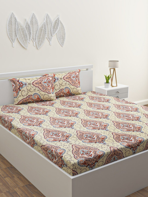 

HOME AFFAIRS Beige & Orange Ethnic Motifs 220 TC Cotton King Bedsheet with 2 Pillow Covers