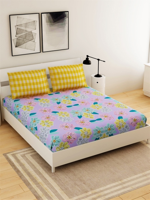 

Salona Bichona Blue & Yellow Floral 144 TC Queen Bedsheet with 2 Pillow Covers