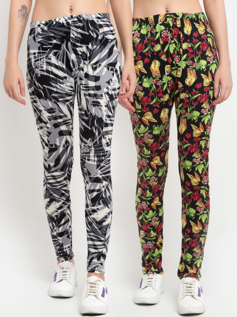 

NEUDIS Women Pack Of 2 Printed Skinny-Fit Ankle-Length Leggings, Black