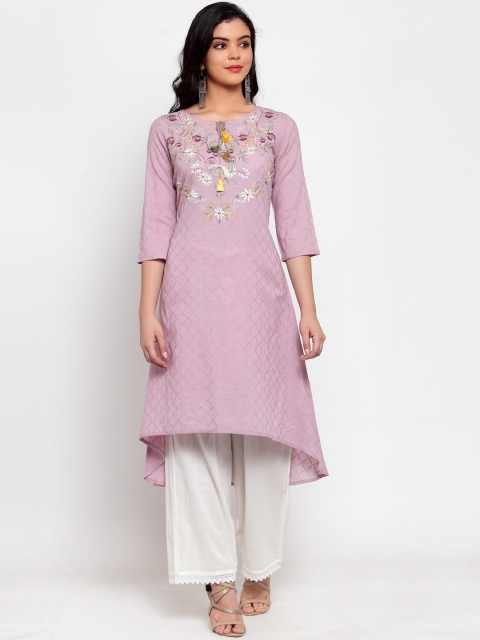 

ANAISA Women Purple Floral Embroidered Panelled Pure Cotton Kurti with Trousers