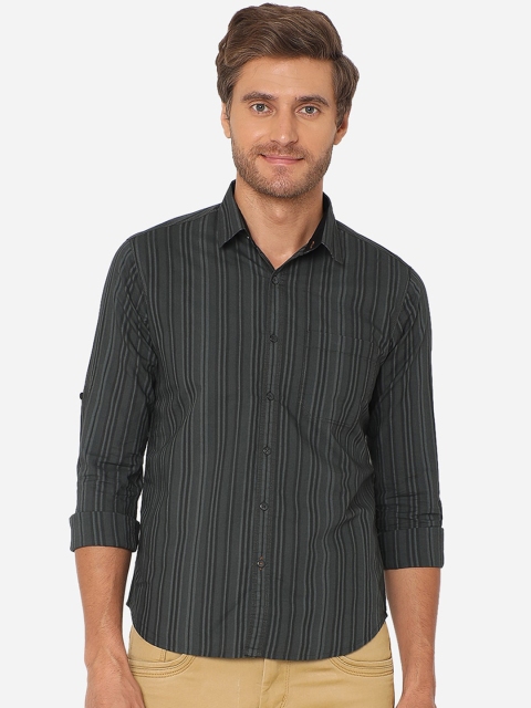 Greenfibre Men Black Slim Fit Striped Casual Shirt