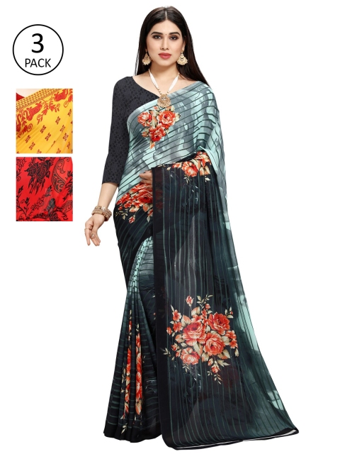 

KALINI Pack Of 3 Poly Georgette Printed Sarees, Yellow