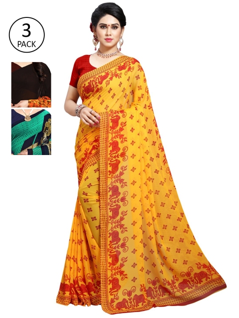 

KALINI Pack Of 3 Poly Georgette Printed Sarees, Yellow
