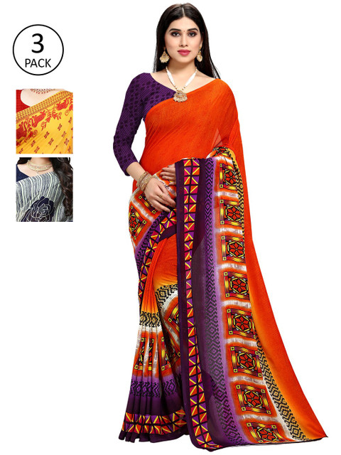 

KALINI Pack Of 3 Poly Georgette Printed Sarees, Orange