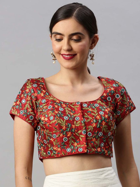 

Soch Women Maroon Embroidered Mirror Work Art Silk Saree Blouse