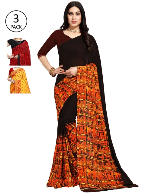 

KALINI Pack of 3 Printed Poly Georgtte Saree, Yellow
