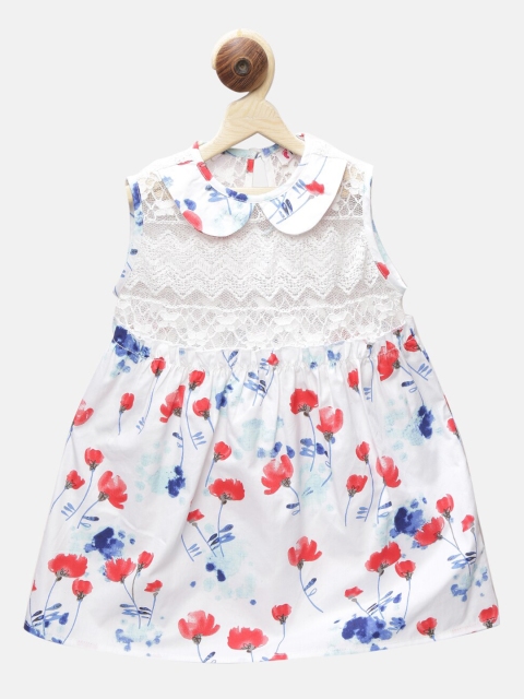 

First Kick Girls White Floral Printed Peter Pan Collar Net A-line Dress