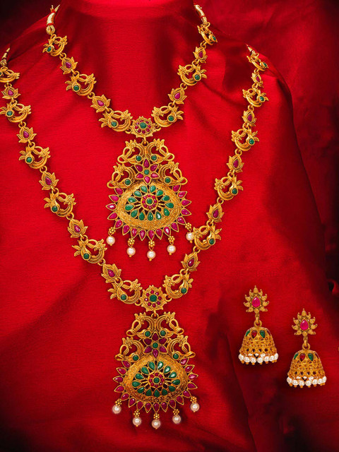 

aadita Gold-Plated Pink & Green Stone-Studded & Pearl Beaded Temple Jewellery Set