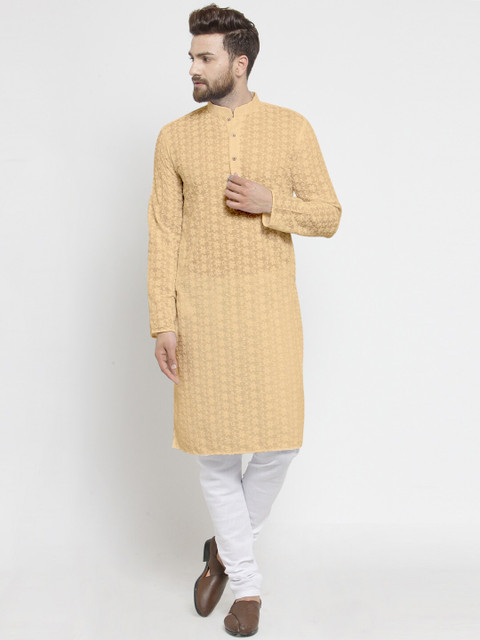 

TREEMODA Men Beige & White Embroidered Chikankari Pure Cotton Kurta with Churidar
