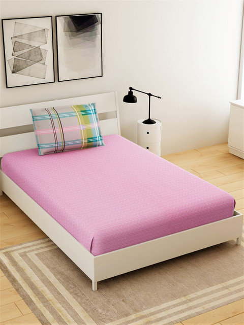 

Salona Bichona Pink & Green 144 TC Single Bedsheet with 1 Pillow Covers