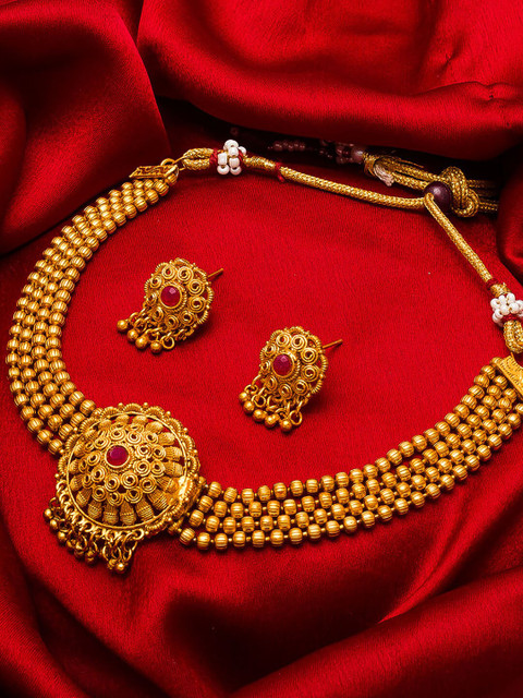 

aadita Gold-Plated & Red Stone-Studded Temple Jewellery Set