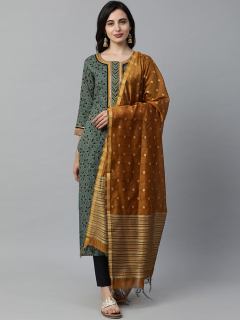 

Indo Era Women Green & Mustard Yellow Ethnic Motifs Cotton Kurta with Palazzos & Dupatta