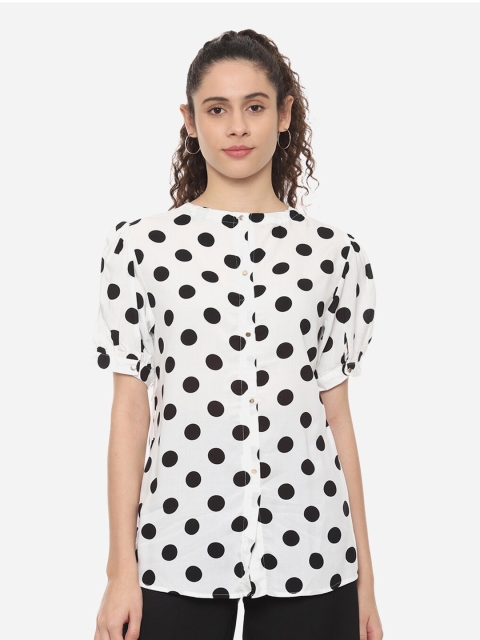 

Van Heusen Woman White Mandarin Collar Polka Dots Casual Top