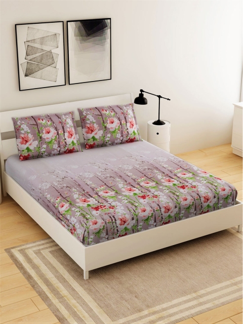 

Salona Bichona Purple & Brown Floral 144 TC King Bedsheet with 2 Pillow Covers