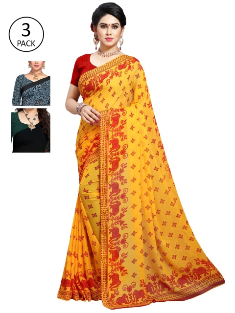 

KALINI Pack Of 3 Poly Georgette Printed Sarees, Black