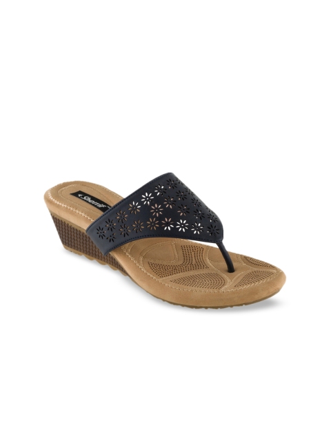 

Sherrif Shoes Navy Blue Textured Wedge Sandals with Laser Cuts