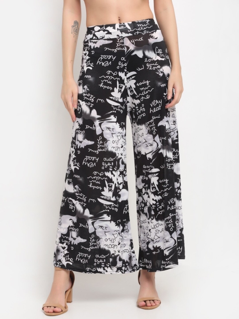 

NEUDIS Women Black & White Floral Printed Flared Knitted Palazzos