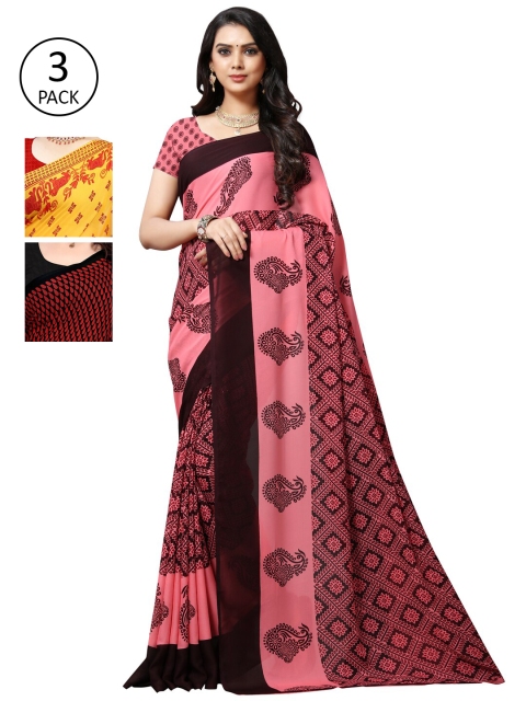 

KALINI Pack Of 3 Poly Georgette Printed Sarees, Yellow