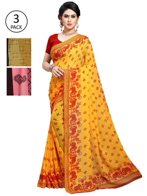 

KALINI Pack Of 3 Poly Georgette Printed Sarees, Yellow