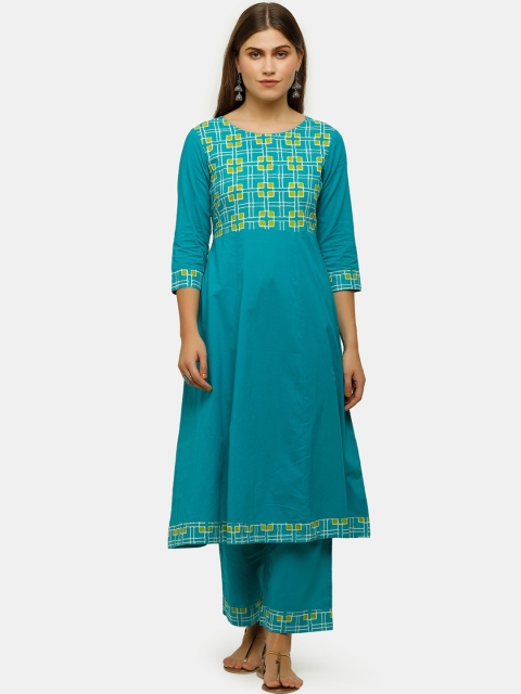 

IMARA Women Teal Panelled Pure Cotton Kurti with Churidar & With Dupatta