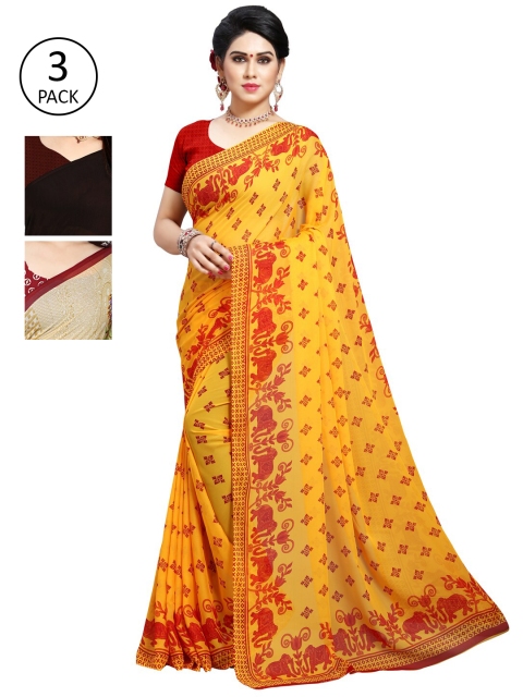 

KALINI Pack of 3 Ethnic Motifs Poly Georgette Saree, Yellow