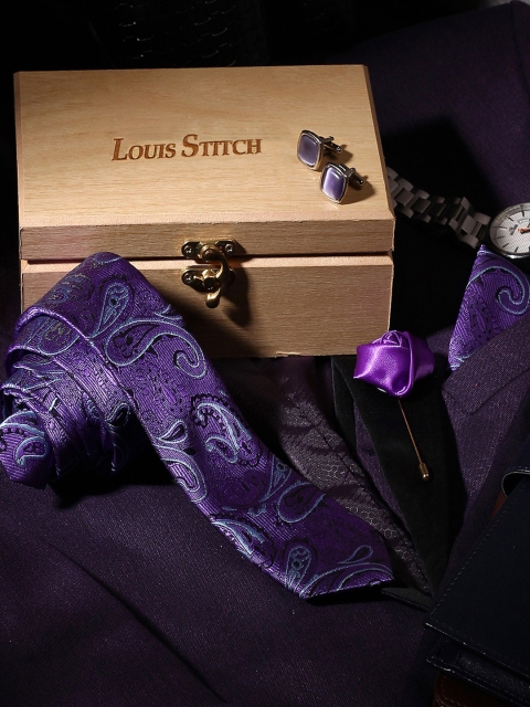 

Louis Stitch Men Purple Printed Italian Silk Suit Accessories Set