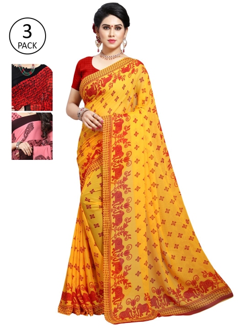 

KALINI Pack of 3 Poly Georgette Sarees, Red