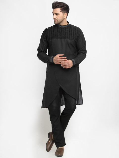 

TREEMODA Men Black Angrakha Linen Kurta with Pyjamas