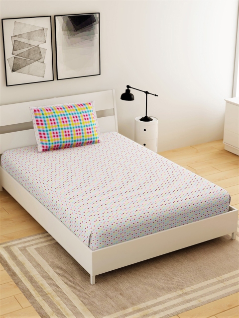 

Salona Bichona Cream & Blue Geometric 144 TC Single Bedsheet with 1 Pillow Covers