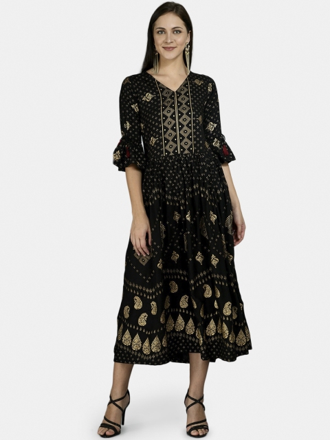 

Myshka Women Black A Line Rayon Ethnic Printed V Neck Flared Midi Dress