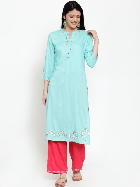 

ANAISA Women Turquoise Blue & Red Embroidered Straight Kurta With Palazzos