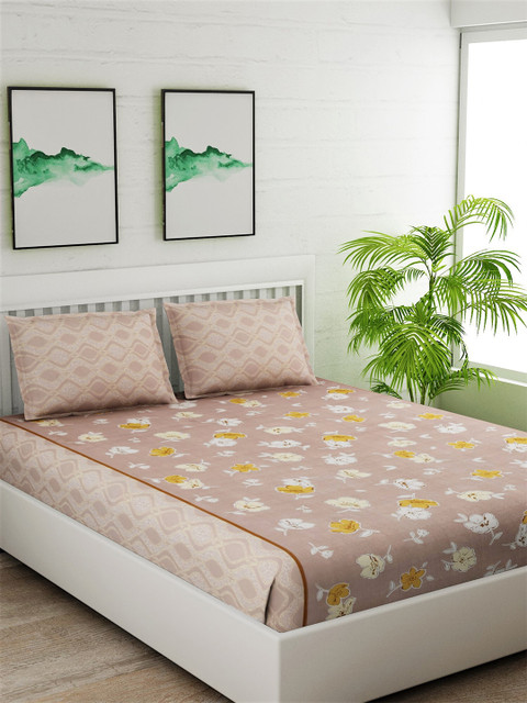 

Salona Bichona Beige & Yellow Floral 144 TC King Bedsheet with 2 Pillow Covers