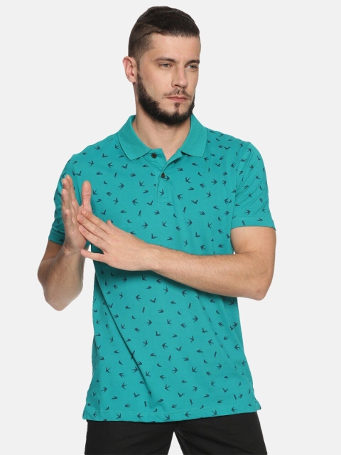 

Kryptic Men Teal Printed Pure Cotton Polo Collar T-shirt