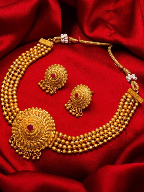 

aadita Gold-Plated Red Stone-Studded Temple Jewellery Set