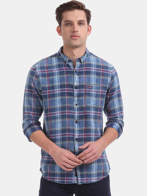 

U.S. Polo Assn. Denim Co. Men Blue Tartan Checks Checked Pure Cotton Casual Shirt