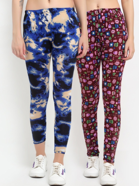 

NEUDIS Women Pack Of 2 Printed Skinny-Fit Ankle-Length Leggings, Blue