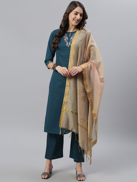 

Azira Women Teal Blue Solid Pure Cotton Kurta with Palazzos & With Dupatta