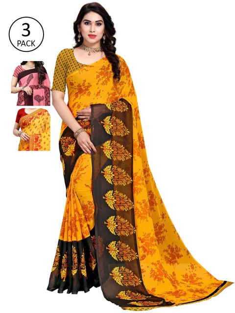 KALINI Pack of 3 Printed Poly Georgette Saree, Pink