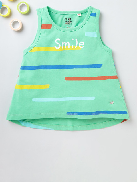 

Ed-a-Mamma Girls Green Pure Cotton Stripes Printed Loose Pure Cotton T-shirt