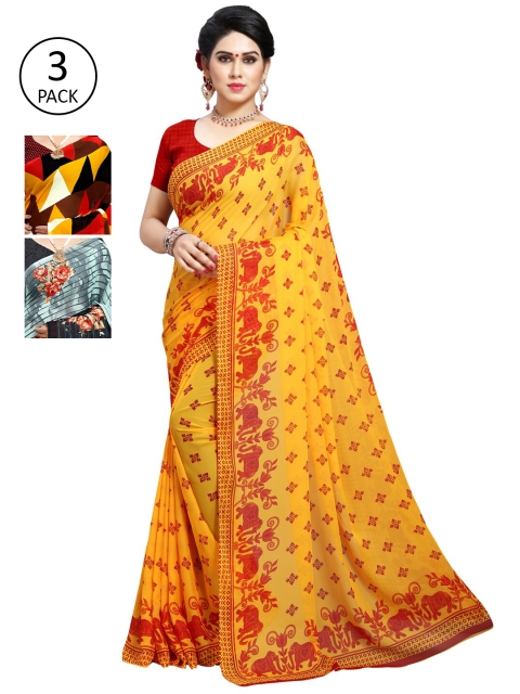 

KALINI Pack of 3 Printed Poly Georgette Saree, Yellow