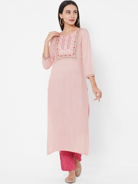 

FASHOR Women Peach Yoke Embroidered Kurta