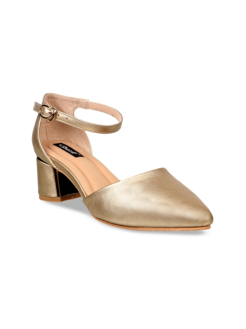 

Sherrif Shoes Gold-Toned Block Heeled Pumps with Buckles