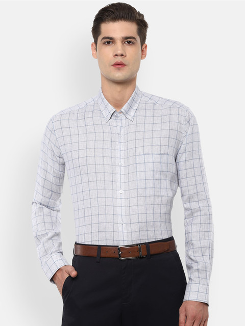 

Louis Philippe Plus Size Men Grey Windowpane Checks Linen Formal Shirt