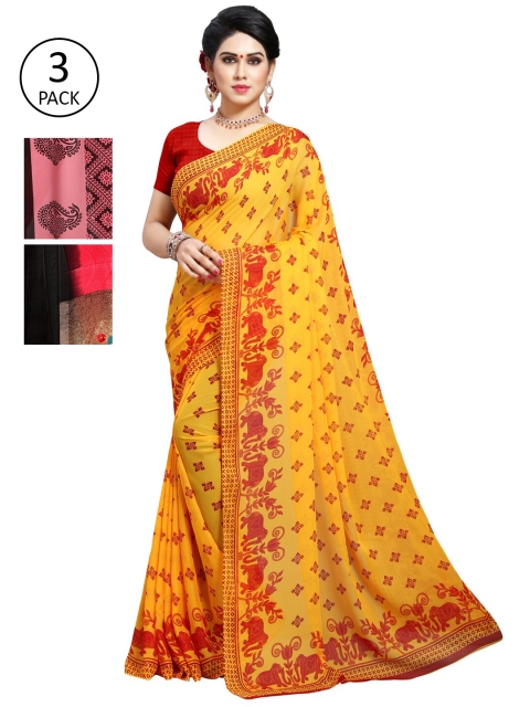 

KALINI Pack Of 3 Red & Yellow Saree