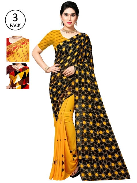 

KALINI Pack Of 3 Ethnic Motifs Sarees, Red