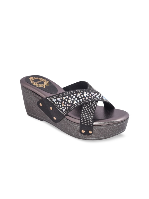 

Stelatoes Women Charcoal Grey & Silver Embellished Wedge Sandals