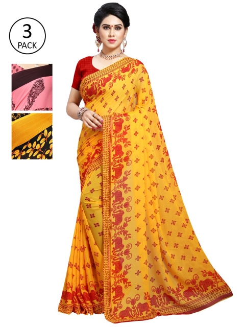 

KALINI Pack Of 3 Yellow & Pink Floral Saree