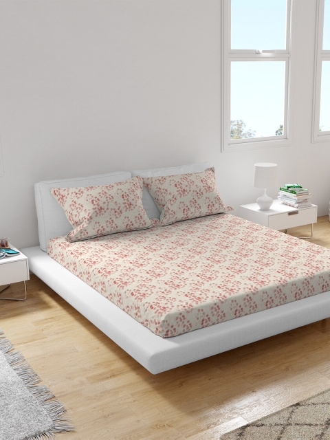 

Himeya White & Peach-Coloured 150 TC Cotton King Sustainable Bedsheet with 2 Pillow Covers